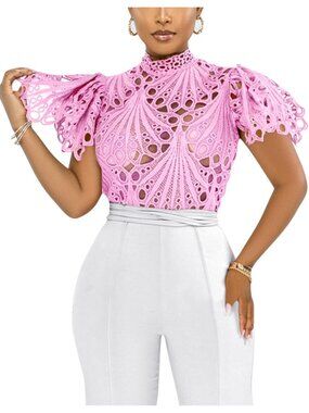 🆕Women’s Light Pink Lace Ruffle Puff Short Sleeve Button Down Tops Flare Tunic